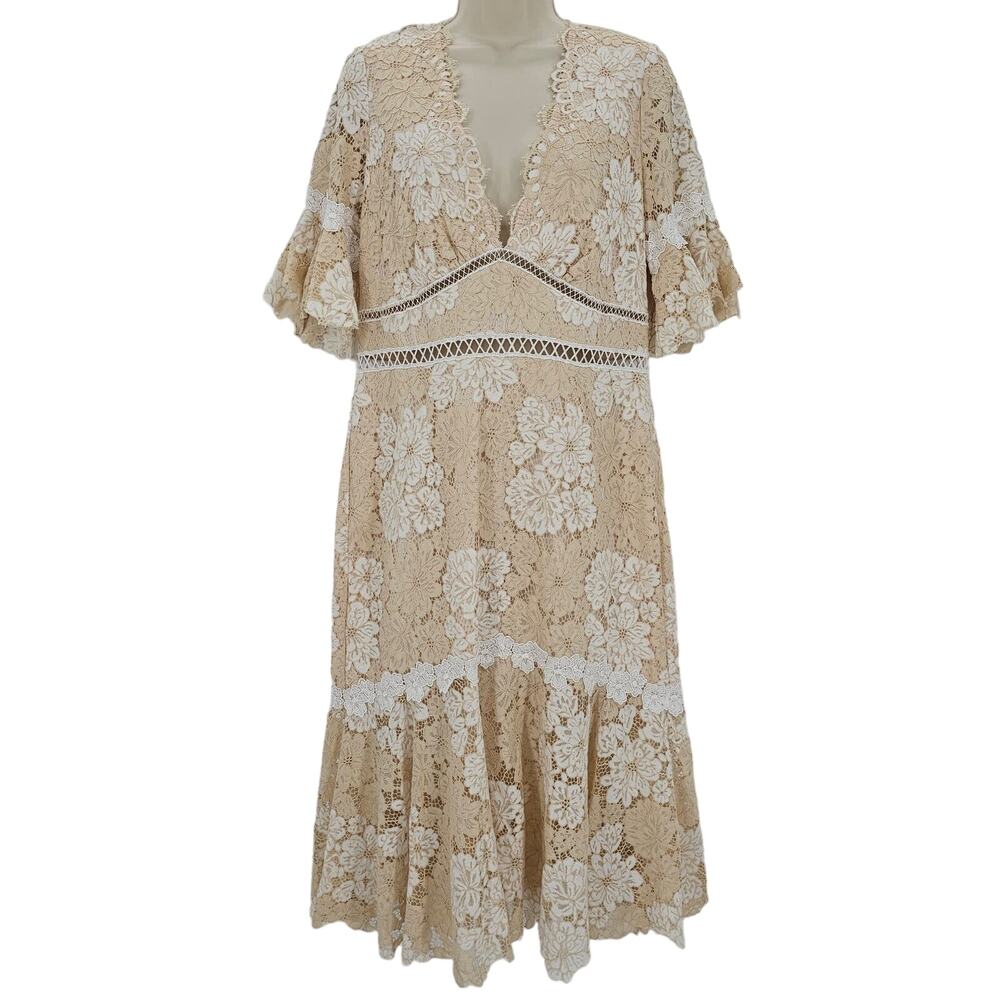 Saylor Womans size XL Maggy Floral Lace V-Neck Sheath Midi Dress Ivory Beige
